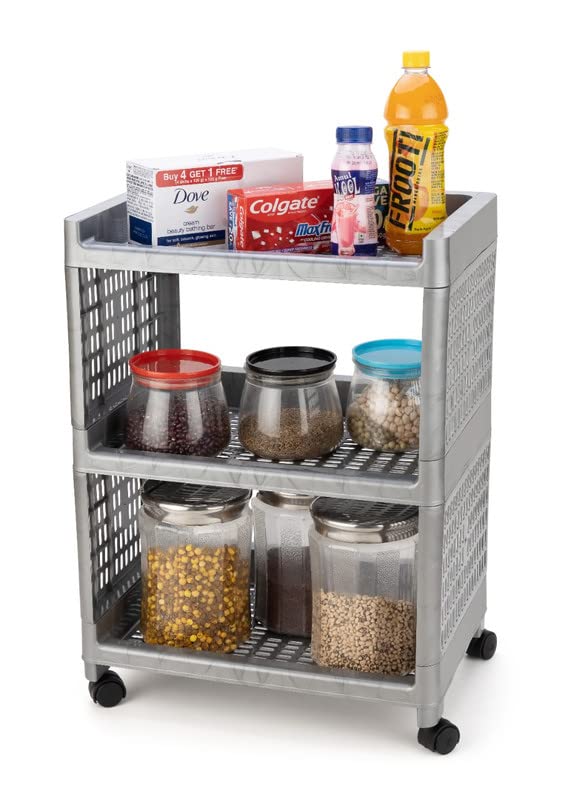 Finner Rectangular 3 Layer MultiPurpose Kitchen Storage Basket Rack Trolley with Wheels for Kitchen Office Use EasytoMove Slide Out Stand Rack Fruits Vegetables Basket StandGrey - Image 2