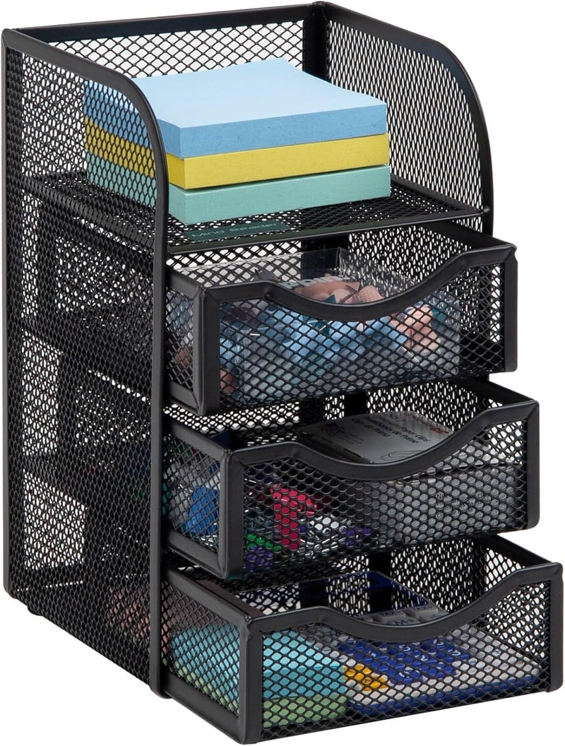 Mind Reader Mini Desk Supplies Office Supplies Organizer, 3 Drawers, 1 Top Shelf, Black - Image 1
