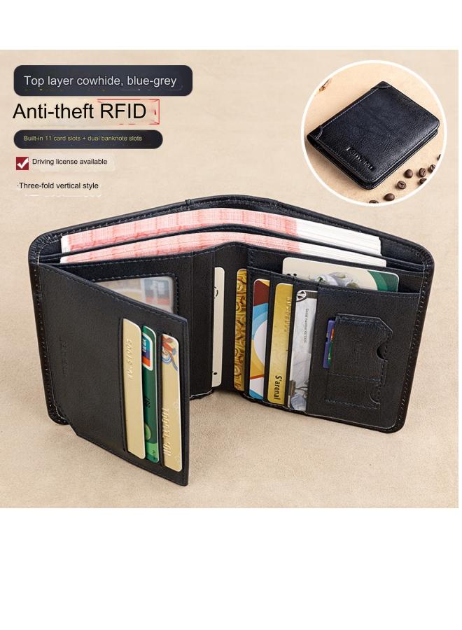 banyanu Men's Genuine Leather RFID Anti-Theft Brush Vertical Retro First-Layer Cowhide Wallet Blue-Gray - Image 1