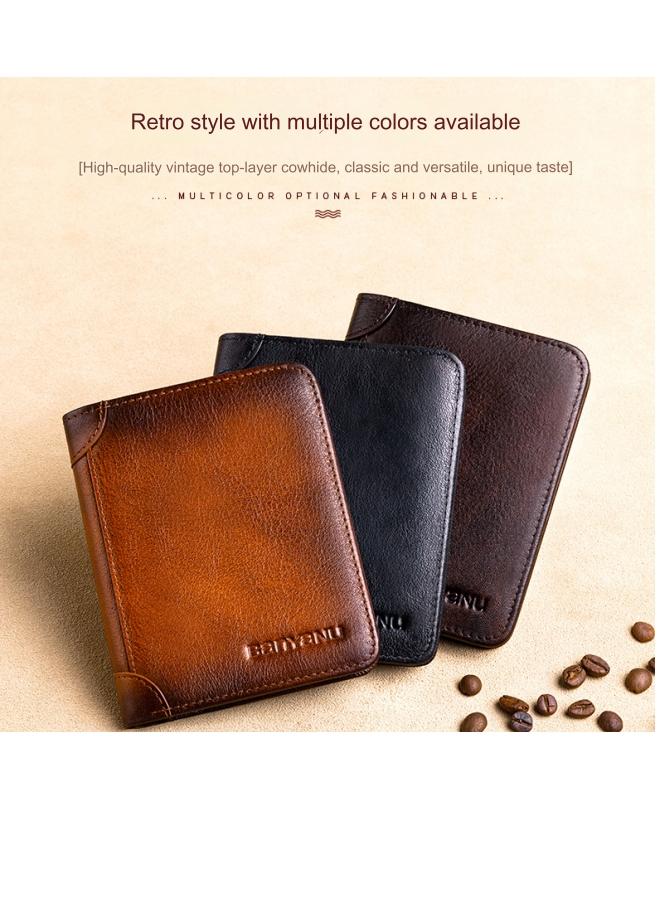 banyanu Men's Genuine Leather RFID Anti-Theft Brush Vertical Retro First-Layer Cowhide Wallet Blue-Gray - Image 3