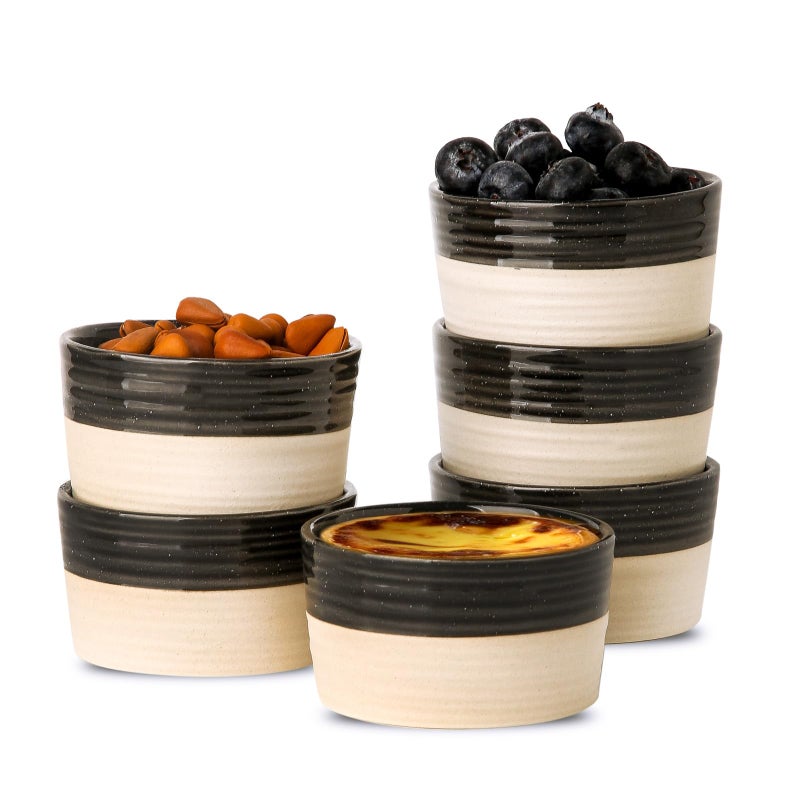 Hasense Porcelain Ramekins 4 oz Oven Safe, Mini Souffle Dishes Set of 6, Stylish Baking Cups, Perfect for Creme Brulee, Ice Cream, Dipping, Desserts, Appetizers, Glossy Black & Matte White Patchwork - Image 1