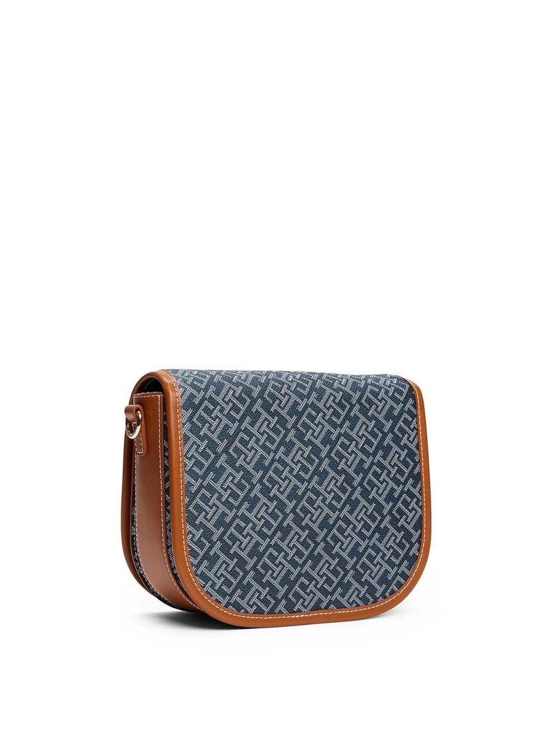 Hilfiger Denim Tommy Hilfiger Monogram Saddle Crossbody Bag – Navy & Cognac Jacquard Classic Design - Image 2
