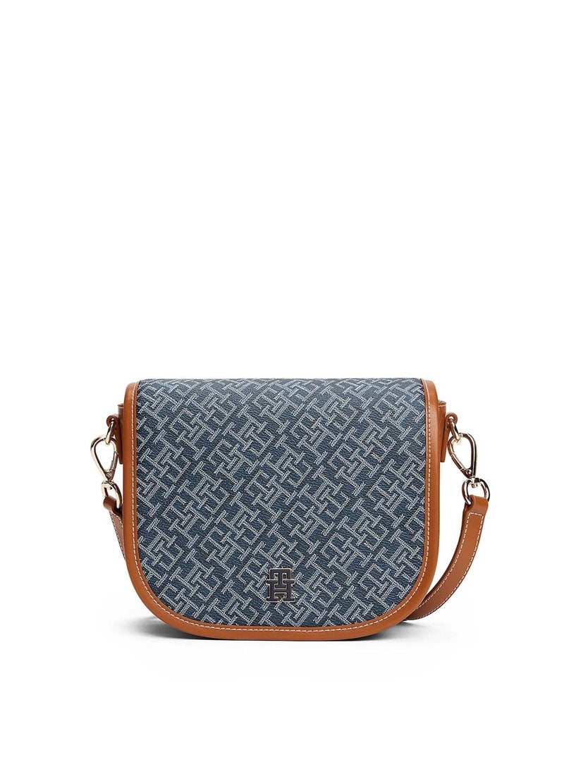 Hilfiger Denim Tommy Hilfiger Monogram Saddle Crossbody Bag – Navy & Cognac Jacquard Classic Design - Image 1