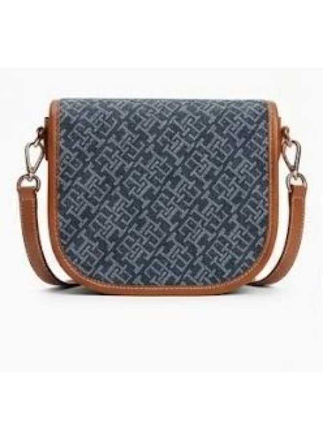 Hilfiger Denim Tommy Hilfiger Monogram Saddle Crossbody Bag – Navy & Cognac Jacquard Classic Design - Image 3
