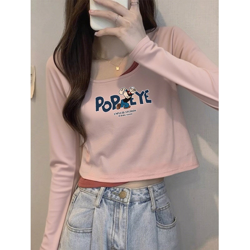 A very good-looking fake two-piece long-sleeved top for women's 2025 early autumn new style inner layer base shirt with a sense of design and a single T-shirt - Image 2