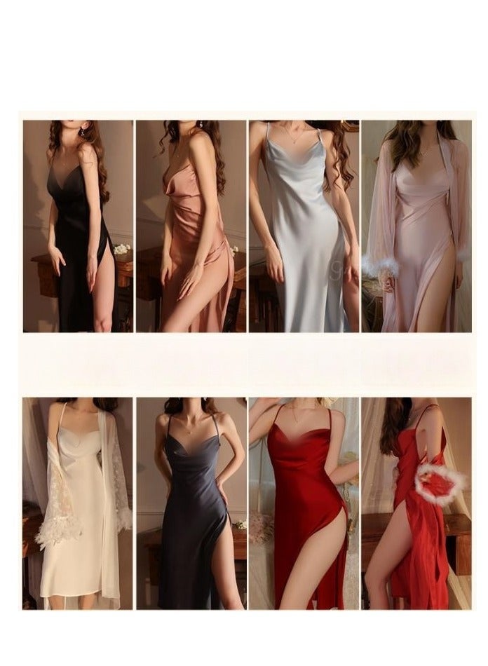 New Satin Lace Chest Cuhion Suspender Nightgown, Women's Lace Up Nightgown, Home Wear Set - Image 3