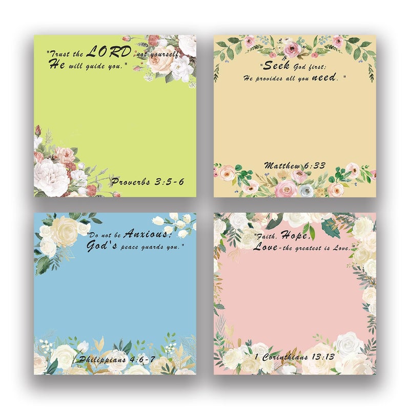 RAINBAM Floral Bible Verse 4-Pad/200 Sheets 3x3 Sticky Notes Set, Adorable Memo Pads with High-Adhesive, Reusable Tearable Post it Notes for Journal Planners Office School Home, Bulk Stationery Gift - Image 1