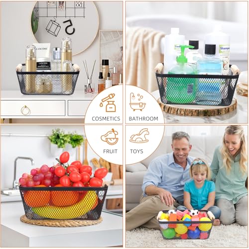 Dualshine 6Pack Black Wire Basket with Wooden Handle, Storage Bins for Pantry, Metal Mesh Basket for Kitchen Organization, Snack Organizer for Home Cabinet Closet Bathroom Fridge Fruit Makeup and Office - Image 2