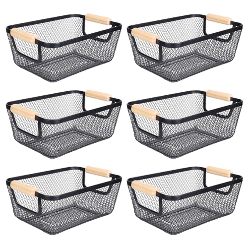 Dualshine 6Pack Black Wire Basket with Wooden Handle, Storage Bins for Pantry, Metal Mesh Basket for Kitchen Organization, Snack Organizer for Home Cabinet Closet Bathroom Fridge Fruit Makeup and Office - Image 1