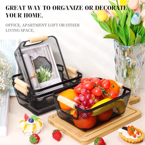 Dualshine 6Pack Black Wire Basket with Wooden Handle, Storage Bins for Pantry, Metal Mesh Basket for Kitchen Organization, Snack Organizer for Home Cabinet Closet Bathroom Fridge Fruit Makeup and Office - Image 3