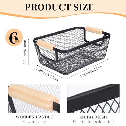 Dualshine 6Pack Black Wire Basket with Wooden Handle, Storage Bins for Pantry, Metal Mesh Basket for Kitchen Organization, Snack Organizer for Home Cabinet Closet Bathroom Fridge Fruit Makeup and Office - Image 4