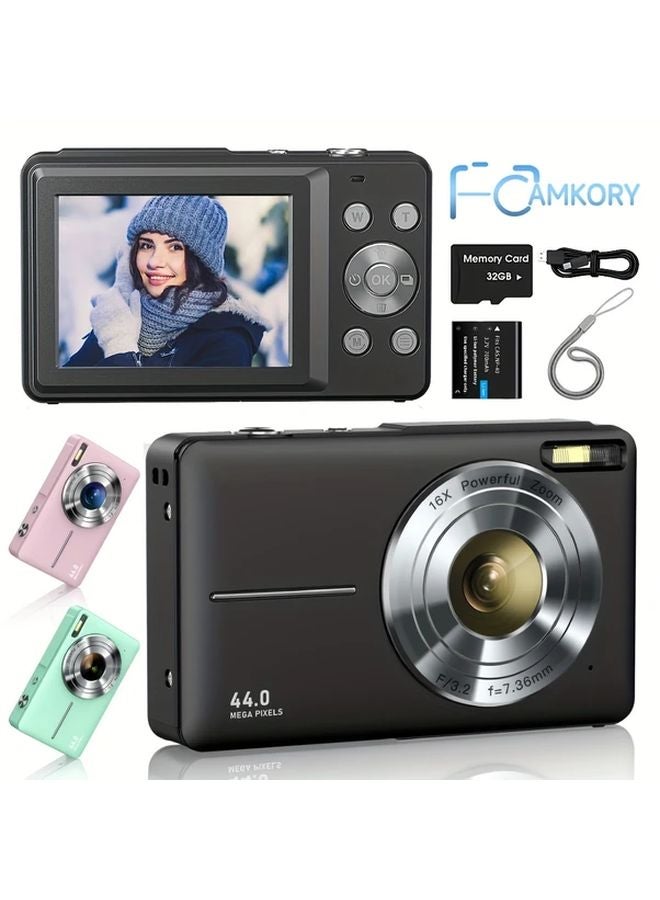 Digital Camera 1080P FHD 44MP Point Shoot 16X Zoom Anti Shake 32GB Memory Card Black - Image 2