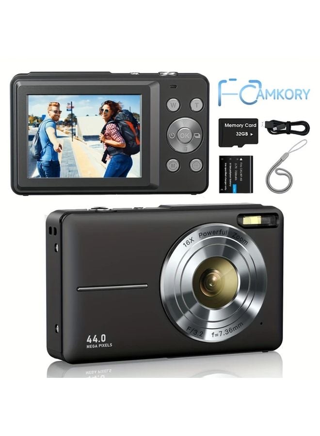 Digital Camera 1080P FHD 44MP Point Shoot 16X Zoom Anti Shake 32GB Memory Card Black - Image 1