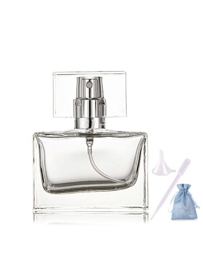 JJKMALL زجاجة عطر شفافة قابلة لإعادة التعبئة سعة 30 مل / 1 أونصة، زجاجة عطر مربعة محمولة فارغة مع قمع رش وسعة 3 مل، حقيبة تخزين - Image 1