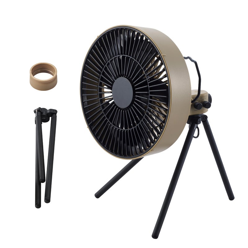 ELECOM NESTOUT Outdoor Camping Fan with Tripod, 4 Speed Settings & Breeze Mode, 3 Angle Oscillation, 90Â° Adjustable Tilt, Auto Timer (30/60/90 mins), USB C Compatible, Portable Tent Fan (Beige) - Image 1