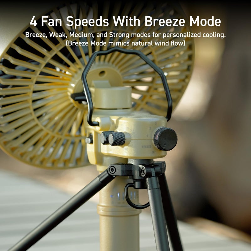 ELECOM NESTOUT Outdoor Camping Fan with Tripod, 4 Speed Settings & Breeze Mode, 3 Angle Oscillation, 90Â° Adjustable Tilt, Auto Timer (30/60/90 mins), USB C Compatible, Portable Tent Fan (Beige) - Image 3