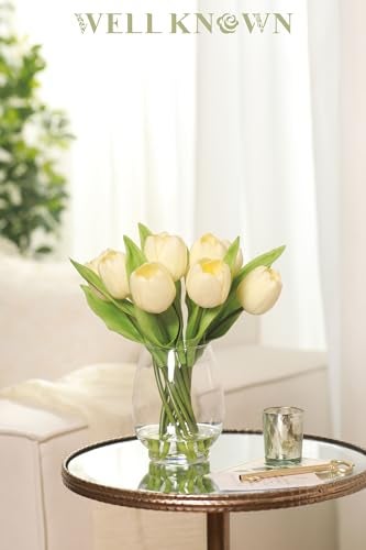 WELL KNOWN 12 Pcs Tulips Artificial Flowers in Vase, Real Touch Tulips with Vase with Upgrate Acrylic Water Flower Arrangements Centerpiece for Dining Room Table Decoration（Cream） - Image 3