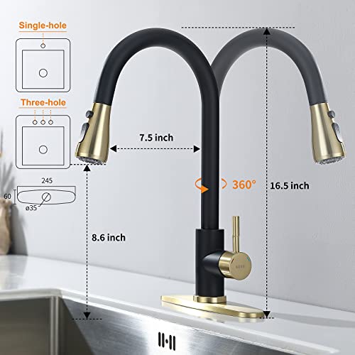 Keer Matte Black Single Handle Pull Down Kitchen Faucet with Soap Dispenser, 3 Modes Sprayer, Easy Assembly, Single Handle High Arc Stainless Steel Faucet - Image 3