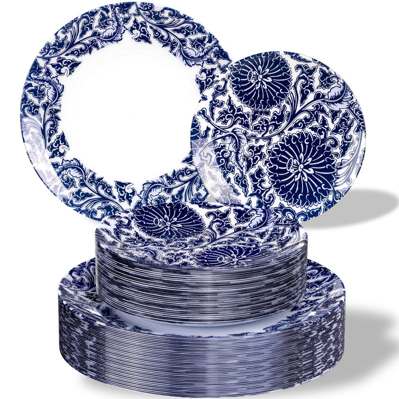 Hioasis 60pcs Plastic Disposable Plates Set - Blue Dandelion & Blue Leaf Pattern, 10.25 Dinner & 7.5 Dessert Plates for Wedding,Anniversary,Party and Holiday - Image 1