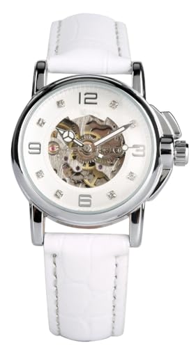 SENRUD Luxury Women Automatic Watch Ladies White Leather Waterproof Automatic Mechanical Skeleton Watch (White) - Image 1