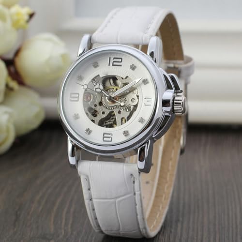 SENRUD Luxury Women Automatic Watch Ladies White Leather Waterproof Automatic Mechanical Skeleton Watch (White) - Image 2