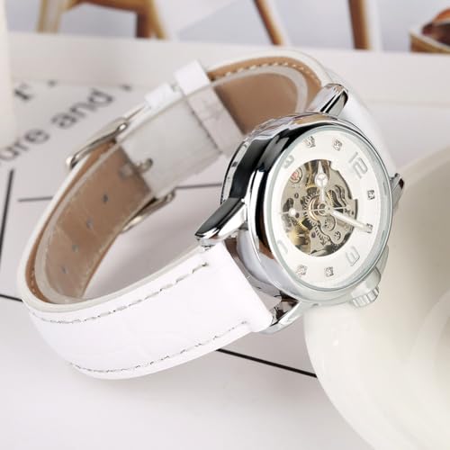SENRUD Luxury Women Automatic Watch Ladies White Leather Waterproof Automatic Mechanical Skeleton Watch (White) - Image 3