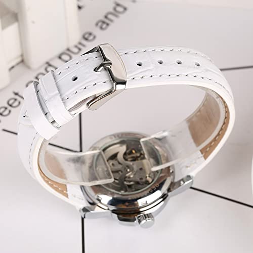 SENRUD Luxury Women Automatic Watch Ladies White Leather Waterproof Automatic Mechanical Skeleton Watch (White) - Image 5