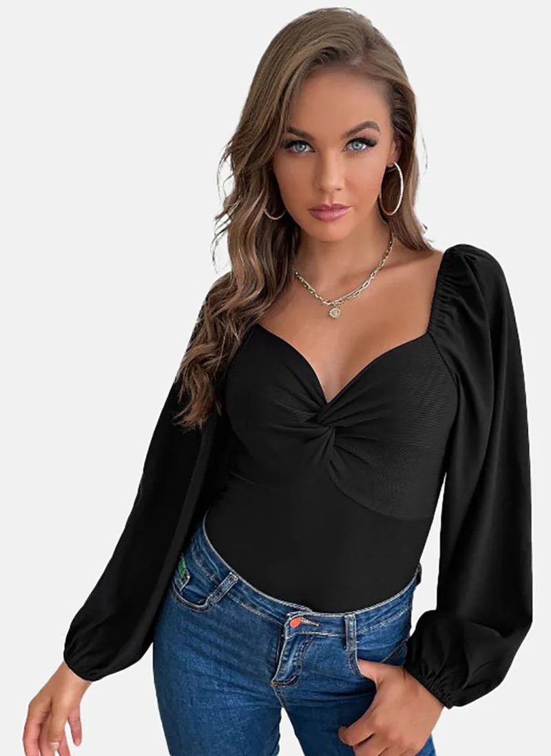 يونيكي Black Solid Long Sleeve Sweetheart Neck Bodysuits