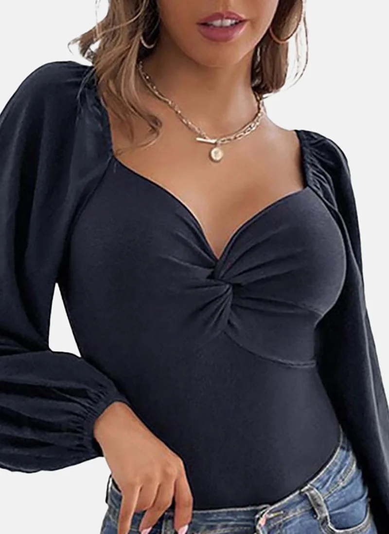 يونيكي Black Solid Long Sleeve Sweetheart Neck Bodysuits