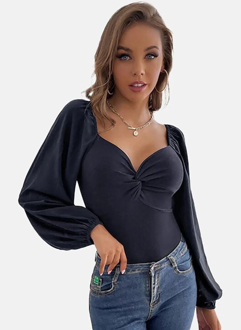 YUNIQEE Black Solid Long Sleeve Sweetheart Neck Bodysuits