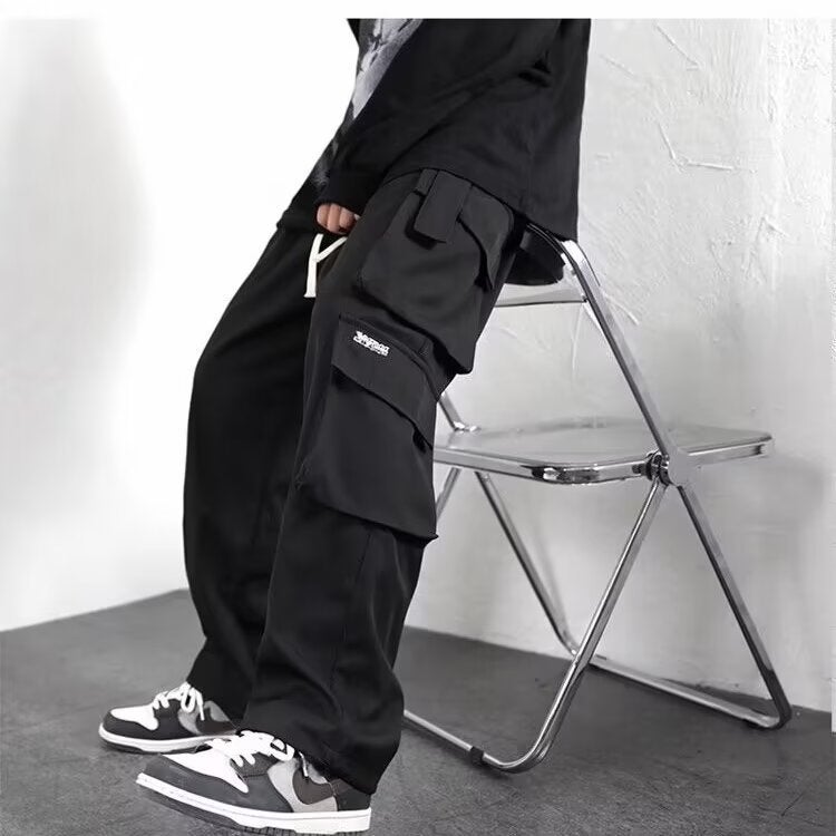 Cross-border foreign trade fleece-lined overalls mens autumn and winter fashion brand wide-leg casual pants winter boys straight loose Black thin section