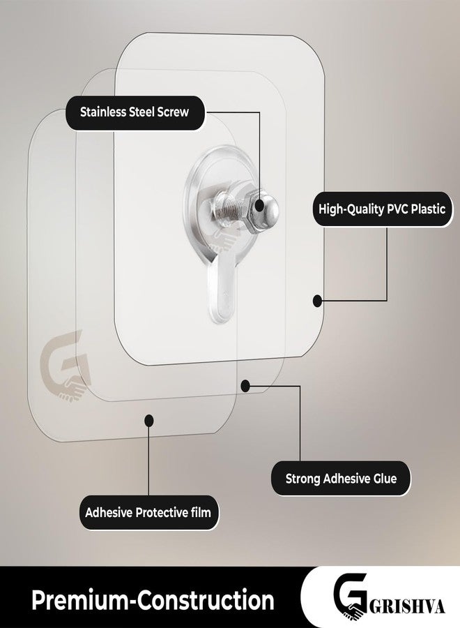 GRISHVA 15 Pieces Self Adhesive Heavy Duty Nail Wall Hook No Drilling Installation for Use Inside Home & Kitchen - Stainless Steel, Transparent - Image 3