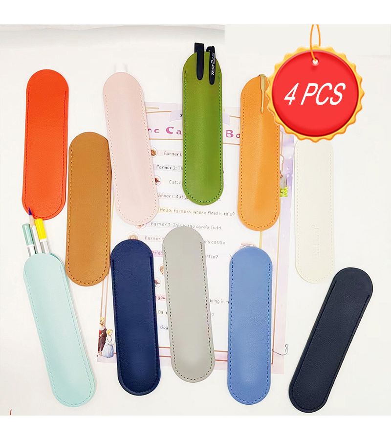 Pink Color 4pcs PU Leather Pencil Case Minimalist Portable Fountain Pen Protective Cover Durable Scratch Resistant - Image 4