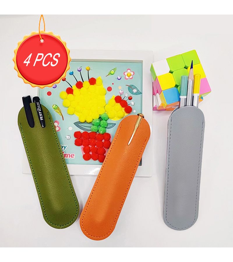 Pink Color 4pcs PU Leather Pencil Case Minimalist Portable Fountain Pen Protective Cover Durable Scratch Resistant - Image 2