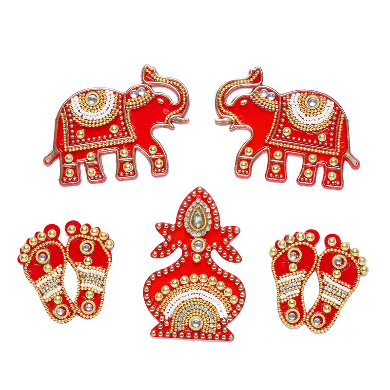 Aditri Creation Laxmi Charan Paduka Feet Pagla with Kalash and Elephant Acrylic Rangoli Floor Item for Indian Traditional Puja Festival Diwali Decorations Entrance Door Home Temple Decor GiftRed