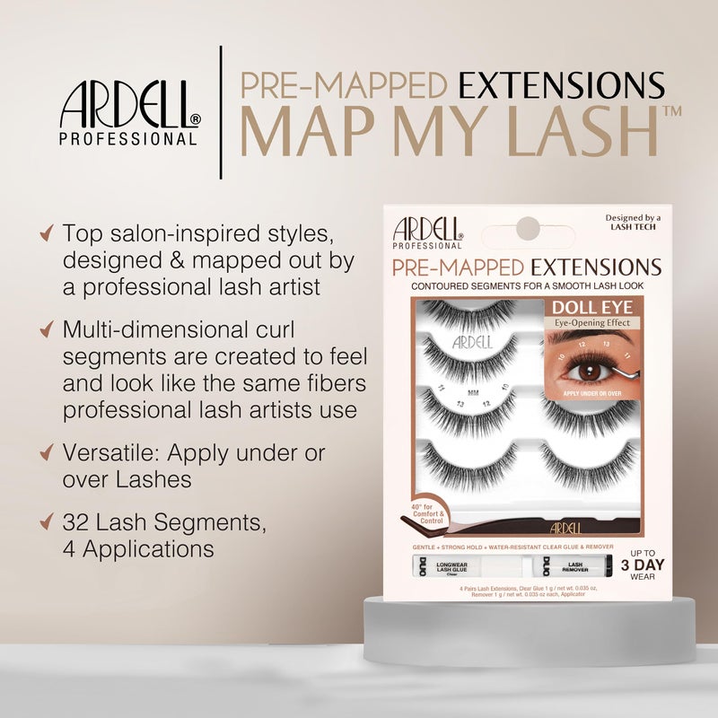 Ardell Pre-Mapped Eyelash Extensions Kit - False Lashes Doll Eye, Reusable Segmented Lash Strips, Long-Lasting with Glue and Remover, 4 Pack - Image 4
