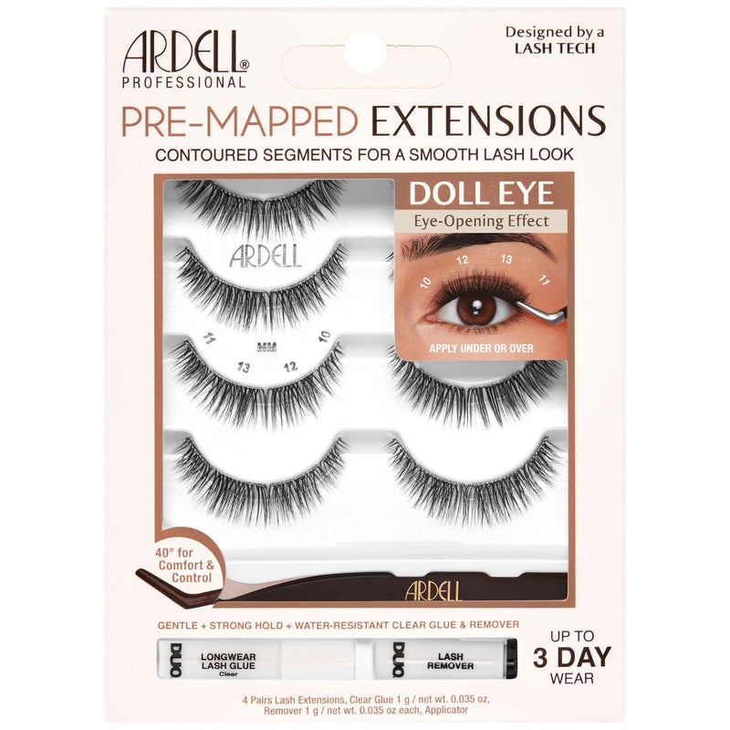 Ardell Pre-Mapped Eyelash Extensions Kit - False Lashes Doll Eye, Reusable Segmented Lash Strips, Long-Lasting with Glue and Remover, 4 Pack - Image 1