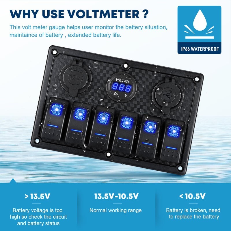 كوهري لوحة مفتاح التسلل من نوع Kohree 6 Marine Boat Rocker مقاومة للماء + مفتاح USB، لوحة مفاتيح LED LED بجهد 12 فولت لعربات البحرية البحرية، شاشة مقياس فولت رقمية QC3.0 منفذ شاحن USB مزدوج منفذ DC 12V 12/24 فولت - Image 3