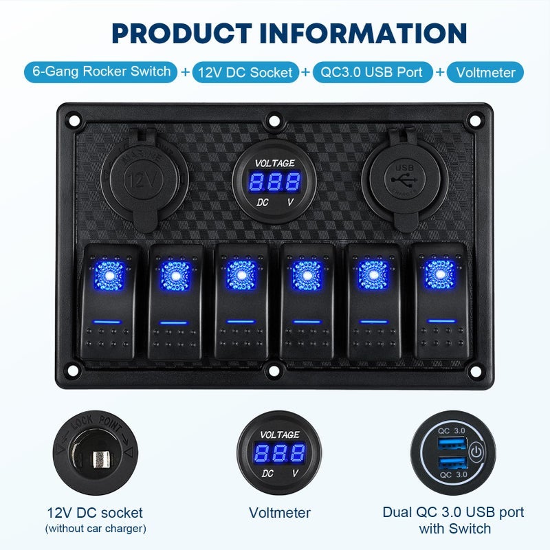 كوهري لوحة مفتاح التسلل من نوع Kohree 6 Marine Boat Rocker مقاومة للماء + مفتاح USB، لوحة مفاتيح LED LED بجهد 12 فولت لعربات البحرية البحرية، شاشة مقياس فولت رقمية QC3.0 منفذ شاحن USB مزدوج منفذ DC 12V 12/24 فولت - Image 2