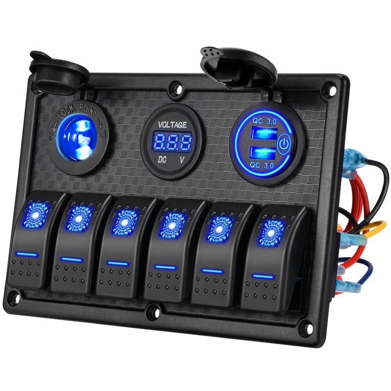 كوهري لوحة مفتاح التسلل من نوع Kohree 6 Marine Boat Rocker مقاومة للماء + مفتاح USB، لوحة مفاتيح LED LED بجهد 12 فولت لعربات البحرية البحرية، شاشة مقياس فولت رقمية QC3.0 منفذ شاحن USB مزدوج منفذ DC 12V 12/24 فولت - Image 1