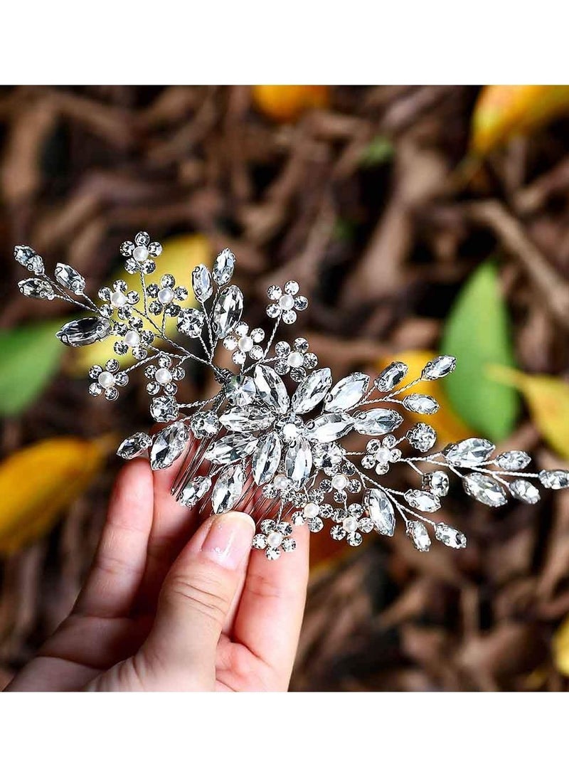 NIBEMINENT Opal Crystal Hair Comb Bridal Pieces Flower Bride Wedding Accessories with Pearl Side Combs Headpiece for Women Silver - Image 2