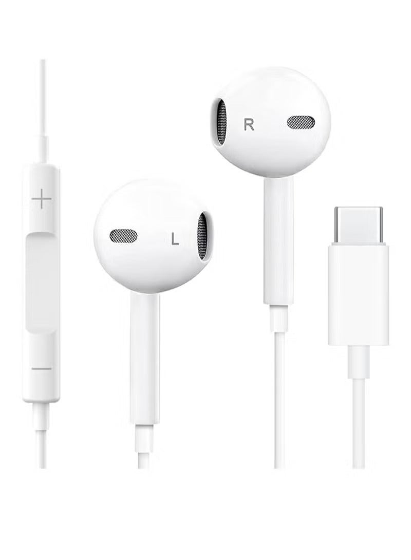 USB C Wired Earbuds with Mic and Volume Control, Ergonomic In-Ear Headphones for iPhone 15 Pro Max, iPad Pro/Air, Samsung (White) - Image 1