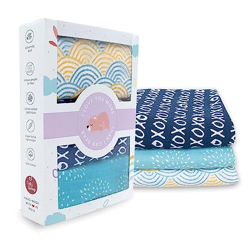 TIDY SLEEP 100% Cotton New Born Baby Muslin Swaddle Wrapper | Newborn Little Finder Soft Blanket for 0-6 Months |Pack of 3|100 cm x 100 cm (Fan-Blue Puff-XOXO) - Image 3