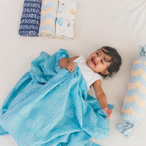 TIDY SLEEP 100% Cotton New Born Baby Muslin Swaddle Wrapper | Newborn Little Finder Soft Blanket for 0-6 Months |Pack of 3|100 cm x 100 cm (Fan-Blue Puff-XOXO) - Image 1