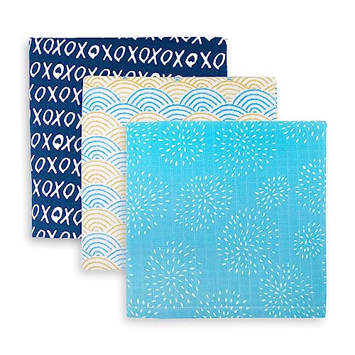 TIDY SLEEP 100% Cotton New Born Baby Muslin Swaddle Wrapper | Newborn Little Finder Soft Blanket for 0-6 Months |Pack of 3|100 cm x 100 cm (Fan-Blue Puff-XOXO) - Image 2