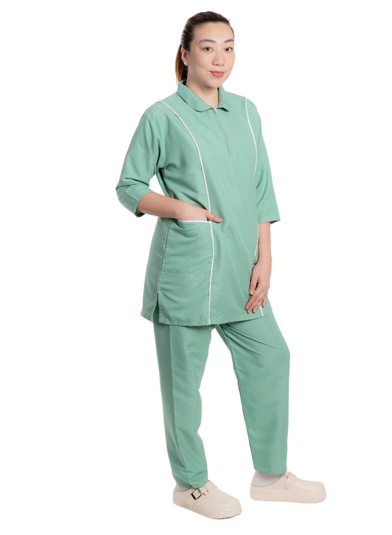 Professional Housemaid/Khadama/Nanny Uniform Set, 3/4 Sleeve Tunic with White Piping,with Matching Trousers