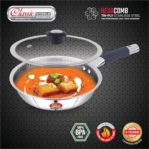 Classic Steels Hexa Comb Triply Frypan with Glass Lid - 2 LTR (24cm) | Stainless Steel Non-Stick Fry Pan | Induction & Gas Compatible | 2.5mm Thickness | Durable Stay Cool Silicon Handle - Image 2