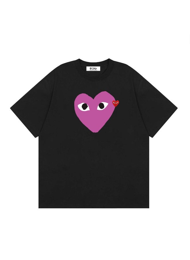 PLAY Oversized Black T-Shirt Purple Two-Eyed Heart Print With Mini Red Heart Detail Size S - Image 1