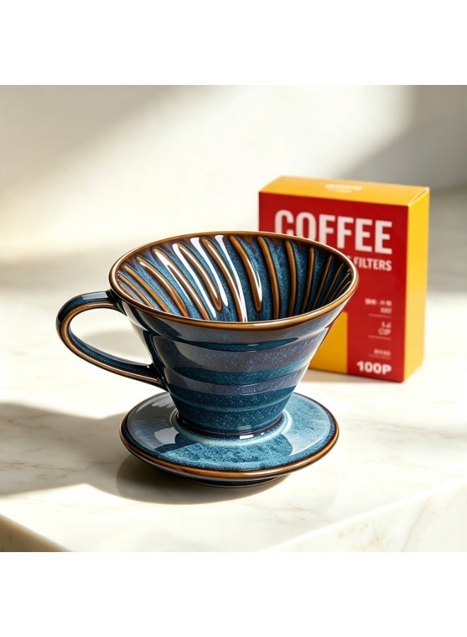 طقم تقطير قهوة V60 من السيراميك المزجج باللون الأزرق النجمي، كوب ترشيح قهوة مخروطي الشكل للتحضير اليدوي بمقبض مريح، يتضمن 100 ورقة ترشيح قهوة مخروطية الشكل من لب الخشب الطبيعي V60، هدية مثالية لمحبي القهوة للاستخدام المنزلي والمقاهي والمكاتب (أزرق) - Image 1