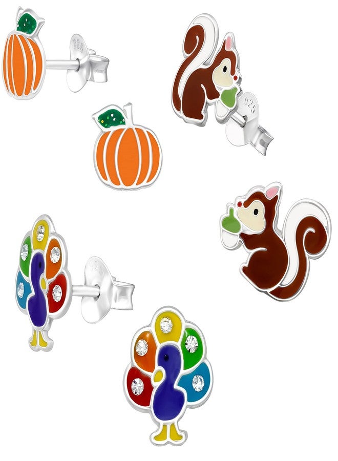 آيسروز طقم من 3 أزواج من الأقراط الفضية عيار 925 بتصميم مستوحى من فصل الخريف/عيد الشكر، على شكل سنجاب مع ثمرة بلوط، وقرع برتقالي، وديك رومي. - Image 2